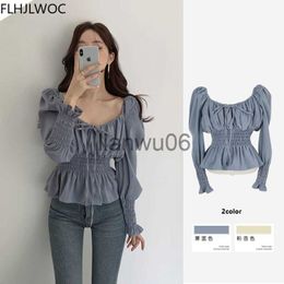 Women's Blouses Shirts Chic Korea Off Shoulder Tops Blusas Women 2021 Spring Solid Colour Bow Tie Slim Waist A Line Belly Peplum Short Shirts Blouses J230802