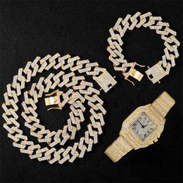 Strands 20mm Necklace +watch+bracelet TOP Hop Miami Curb Cuban Chain Iced Out Paved Rhinestones Cz Bling Rapper for Men Jewelry 230613