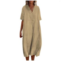 Casual Dresses Vintage Women's Summer Dress 2023 Beach Holiday Solid Colour Leisure Loose Cotton Linen