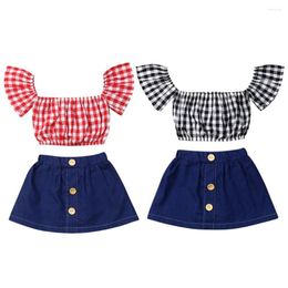 Clothing Sets Toddler Baby Girl Clothes Off-Shoulder Plaids T Shirts Tops Blue A-Line Skirt Outfit Sunsuit