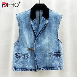 Men's Vests PFHQ Fashion Casual Notched Denim Vest For Men Patchwork Asymmetrical Sleeveless Straight Jackets Summer 2023 21F3803