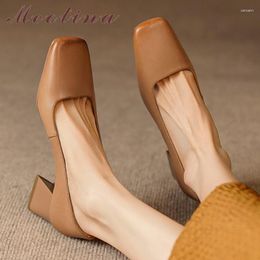 Dress Shoes Meotina Women Genuine Leather Square Toe Pumps Chunky High Heels Shallow Sheepskin Ladies Casual Spring Autumn Brown 40