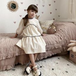 Girl Dresses 2023 Autumn Girls Fashion Simple Splice Octagonal Sleeve Princess A-line Cotton And Linen Dress Kids Clothes For