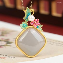 Chains Ancient Gold Craft Inlay Court Style Geometric Natural Hetian Smoke Purple Jade Necklaces Enamel Flower Pendant Jewelry