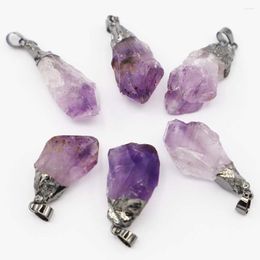 Pendant Necklaces Fashion Natural Gems Stone Raw Ore Amethysts Gun Black Pendants&Necklace Charms Purple Crystal 6pcs For Jewellery Making