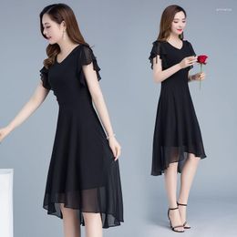Party Dresses Summer Knee-Length A-Line Petal Short Sleeve Chiffton Irregular Elegant Simple Black Navy Red MH278