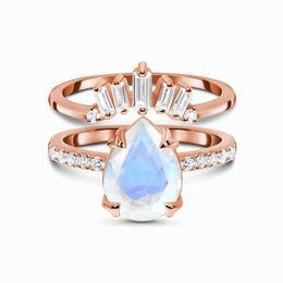 European and American S925 Sterling Silver Double Ring Moonlight Stone Rose Gold Ring Women's Exquisite Combination Ring Jewellery