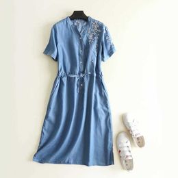 S23591 summer new Tiansi embroidered denim skirt drawcord slimming thin V-neck short sleeve medium length dress