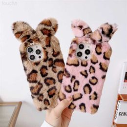 Cell Phone Cases Fashion Leopard Furry Case for iPhone 14 Pro Max 13 12 11 XS XR X 8 7 6 Plus Cute Bowknot Ear Warm Fluffy Cover L230731