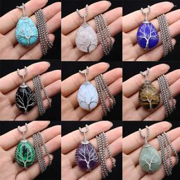 Pendant Necklaces Charms Tree Of Life Crystals Necklace Water Drop Natural Stone Wire Wrap Rose Amethysts Quartz Tiger Eye Gift