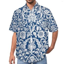 Men's Casual Shirts Antique Floral Blouses Male Blue And White Summer Short-Sleeved Design Aesthetic Oversize Beach Shirt Gift