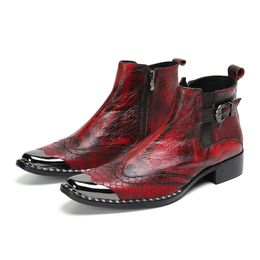 Winter Plus Size Red Metal Toe Genuine Leather Man Shoes Buckle Zipper Cowboy Short Boots Business Party Formal Men Ankle Boots