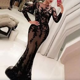 Lång elegant ärm Vestidos Black Applique Prom Dresses Avondjurk Dubai Mermaid Formella aftonklänningar