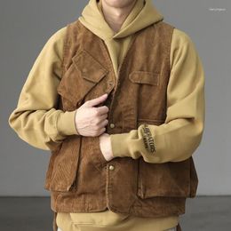 Men's Vests Corduroy Casual Vest Solid Colour Multi Pockets Autumn/Spring Outerwear Fashion Washed Cotton Heavy Weight Tooling Coat