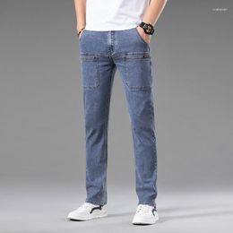 Men's Jeans Sulee Multi-bag Design Large Capacity Straight Leg Stretch Classic Style Blue Slim Cotton Elastic Regular Fit Denim Pants