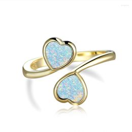 Wedding Rings Cute Female Love Heart Open Ring White Blue Opal Stone Engagement Vintage Gold Silver Color For Women