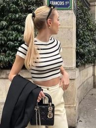 Women's T Shirts Striped Knitted Cropped Tops For Women 2023 Summer Short Sleeves Round Neck Skinny Female T-shirt Simple Streetwear Woman