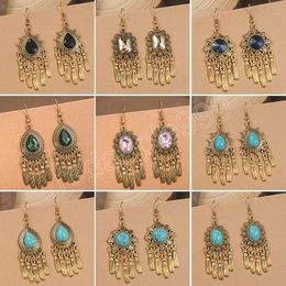 Vintage Ethnic Long Blue Stone Crystal Dangle Earrings For Women Boho Gold Colour Carved Metal Tassel Earring Female Jewellery