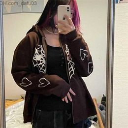 Men's Hoodies Sweatshirts Zip Up Hoodies 2000s Fashion Vintage Grunge Spider web Graphic Gothic Jacket Coat Y2K Aesthetic Vintage Long Sweatshirt Z230802