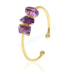 Raw Amethyst Bracelet for Women Irregular Natural Stone Handmade Open Cuff Bangle Jewelry with Gold Trim