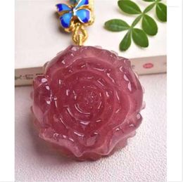 Pendant Necklaces Natural Red Strawberry Quartz Crystal Flower Carve Woman