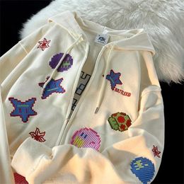 Women's Hoodies American Retro Design Cute Full Print Embroidered Hooded Cardigan Sweater Couple Loose Jacket Men And Women Oversized