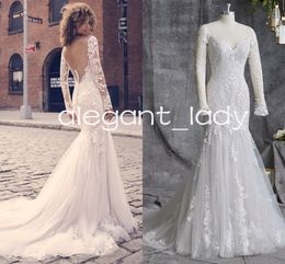 Illusion Long Sleeve Mermaid Wedding Dresses Lace Floral Applique Backless Garden Rustic Bridal Gown Outfit Wear