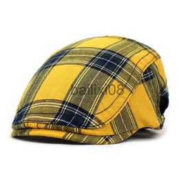 Stingy Brim Hats 2022 Four Seasons Fashion joker Cotton Plaid Newsboy Caps Men Flat Peaked Cap Women Painter Beret Hats 04 J230802