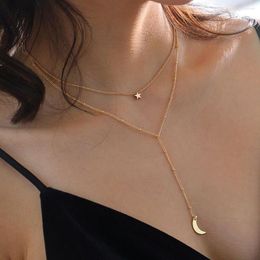 Chains Star & Moon Pendant Y Necklace Double Layers Beads Minimalist Women Fashion Collares Summer Everyday Jewelry Bijoux