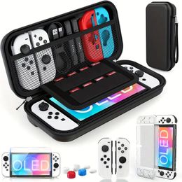 Protective Case & Storage Box & 6pcs Holders Thumb Grip Cap For OLED Nintendo Switch, Bag Accessories With OLED Switch Transparent Case Tempered Glass Screen Protecto