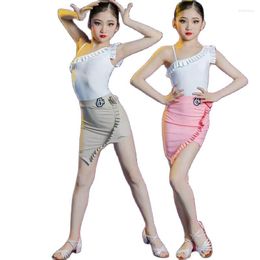 Stage Wear Girls Latin Dance Costume Outfit Single Sleeve Tops Tassel Skirt ChaCha Dancing Clothes Children Samba Tango Practise