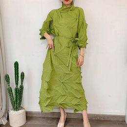 Casual Dresses Miyake Pleated Handmade Diamond Long Dress Women's 2023 Autumn Loose Plus Size High Neck Sleeve With Belt