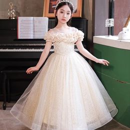 2023 Düğünler İçin Puined Çiçek Kız Elbiseleri Yeni Gül Altın Dantel Sekeler Yay Piyano Pageant Kapalı Shoudler Kızlar Pageant Elbise Çocuklar Cemaat Gowns