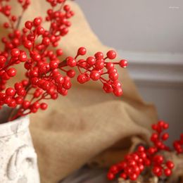 Decorative Flowers Artificial Red With Stem 6 Branches Holly Berries Simulation Fake Flower