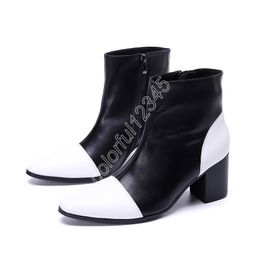 Christia Bella Designer Black White Patchwork Men Dress Boots Genuine Leather High Heel Boots Man Short Boots Formal Party Shoes