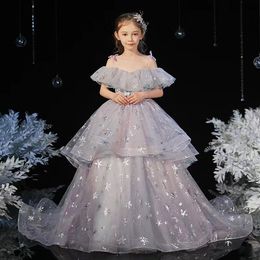 2023 puffy flower girl dress For Weddings Princess shiny Ivory Long train Lace Ball Gown Puffy Pageant Party Girls First holy Communion christamas birthday dress