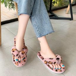 Slippers Women's Plush Spring/Autumn Indoor Flip Flops Non-slip Soft Flat Home Fashion Leopard Print Furry Flip-flops