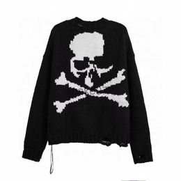 Men's Sweaters Men's Oversized Sweater Black Loose Skull Print Gothic Women Retro Knitwear Street Fashion Round Neck Long Sleeve Pullover J0802