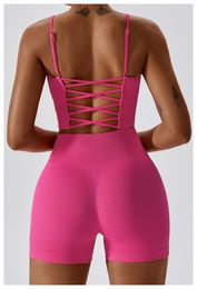 Active Sets Ribbed Gym Set Top Women Summer Shorts Suit For Fitness Hollow Out Sports Bra Legging Yoga Tights Seamless Workout Sportwear