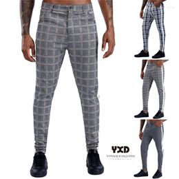 Men's Pants Drop Men Vintage Trousers Skinny Super Stretch Chino Slim Fit Mens Casual Pant Plaid Grey Elastic Waist Fashion