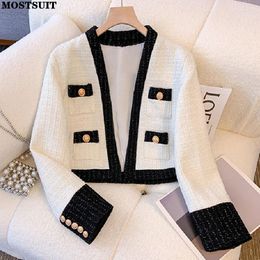 Women's Jackets Elegant Vintage Tweed Coat Outerwear 2023 Autumn Long Sleeve V-neck Stylish Fashion Chic Open-stitch Short Jacekt