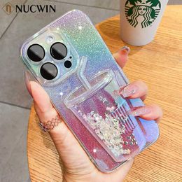 Cell Phone Cases 3D Cup Quicksand Glitter Phone Case for iPhone 14 ProMax 11 12 13 Pro Max Bling Gradient Clear Plating Bumper Soft Cover L230731