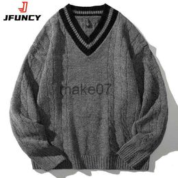 Men's Sweaters JFUNCY Mens Winter Knitted Sweaters Oversized Male Black Pullover V Neck Jumpers Men's Vintage Striped Knitwear Men Clothing J230802