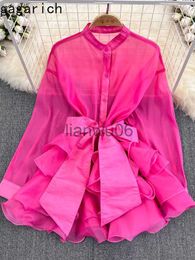 Women's Blouses Shirts Gagarich 2023 New Blouse Woman Vintage Longsleeved Crewneck Singlebreasted Threedimensional Waist Ruffle Tie Neck Casual Top J230802