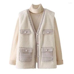 Women's Vests Ladies Waistcoat Jackets Autumn Winter Sleeveless Vest Jacket Fashion Short Tweed Stitching Lamb Wool