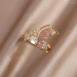 Cluster Rings 14K Real Gold-plated Shiny Flowers Butterfly CZ Zircon Ring Applies To Women Daily Adjustable Open Design Paving Jewellery Gift