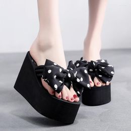 Slippers Summer Black/White 11CM Women Wedges Sandals Super High Heels Ladies Fashion Flip Flops Cute Bowknot Female Party Shoes