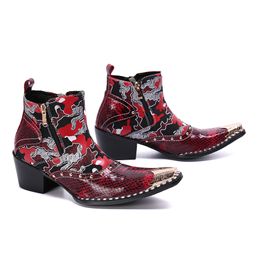 2023 Fashion Printing Pointed Toe Dress Shoes Social Big Size Night Club Party Boots Fashion Male Cow Leather Ankle Boots