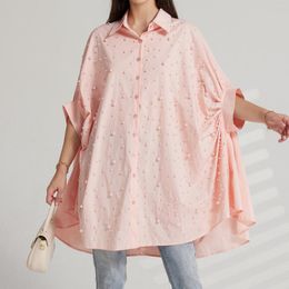 Women's Blouses SuperAen 2023 European And American Arrival Lapel Collar Heavy Industry Beaded Bat Sleeve Oversize Shirt