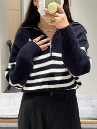 Women's Sweaters ZESSAM Stripe Graphic Print Jacquard Knitting Woman Sweater Long Sleeve Turn-down Collar Female Pullover Classic Retro Lady